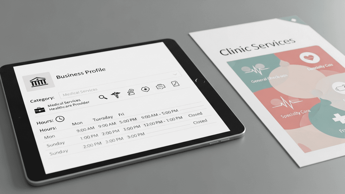Tablet showing business profile category and hours fields beside clinic services brochure on a medical office desk