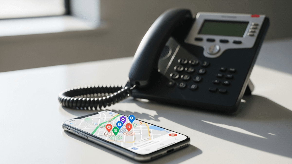 Smartphone showing map pin search results beside a physician clinic front desk phone