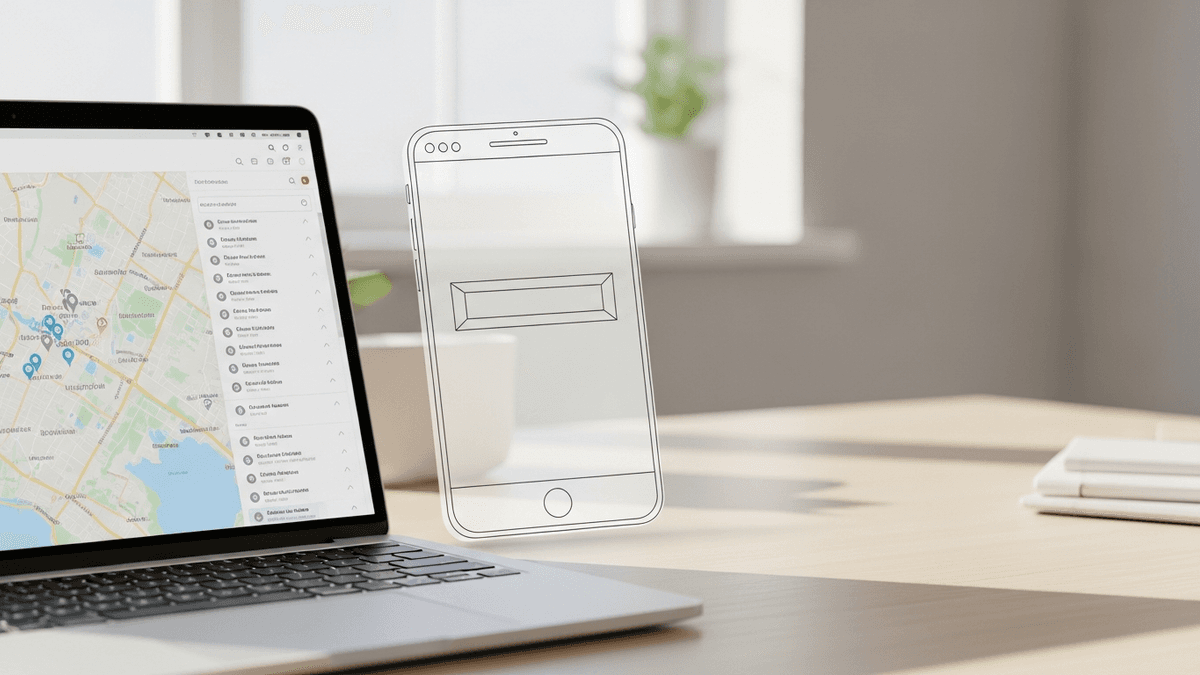 Mobile website booking button wireframe sketch beside map search results on a laptop at a medical practice desk