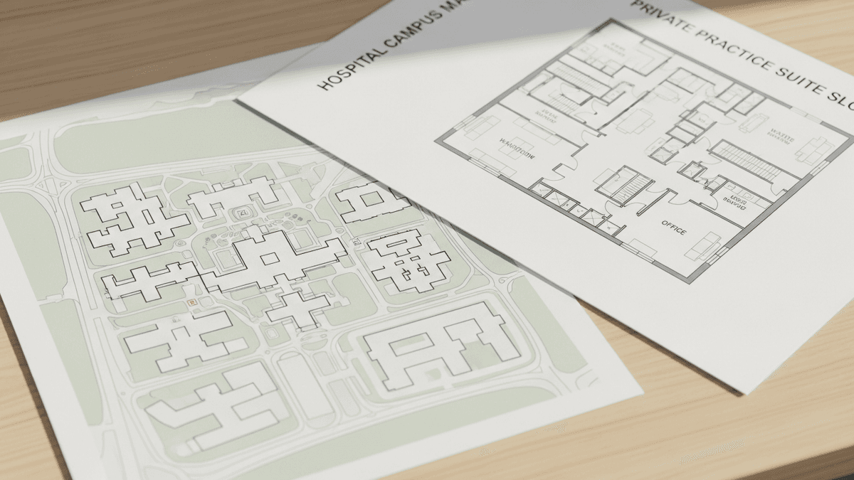 Hospital campus map diagram beside private practice suite floor plan printout on a clinic desk