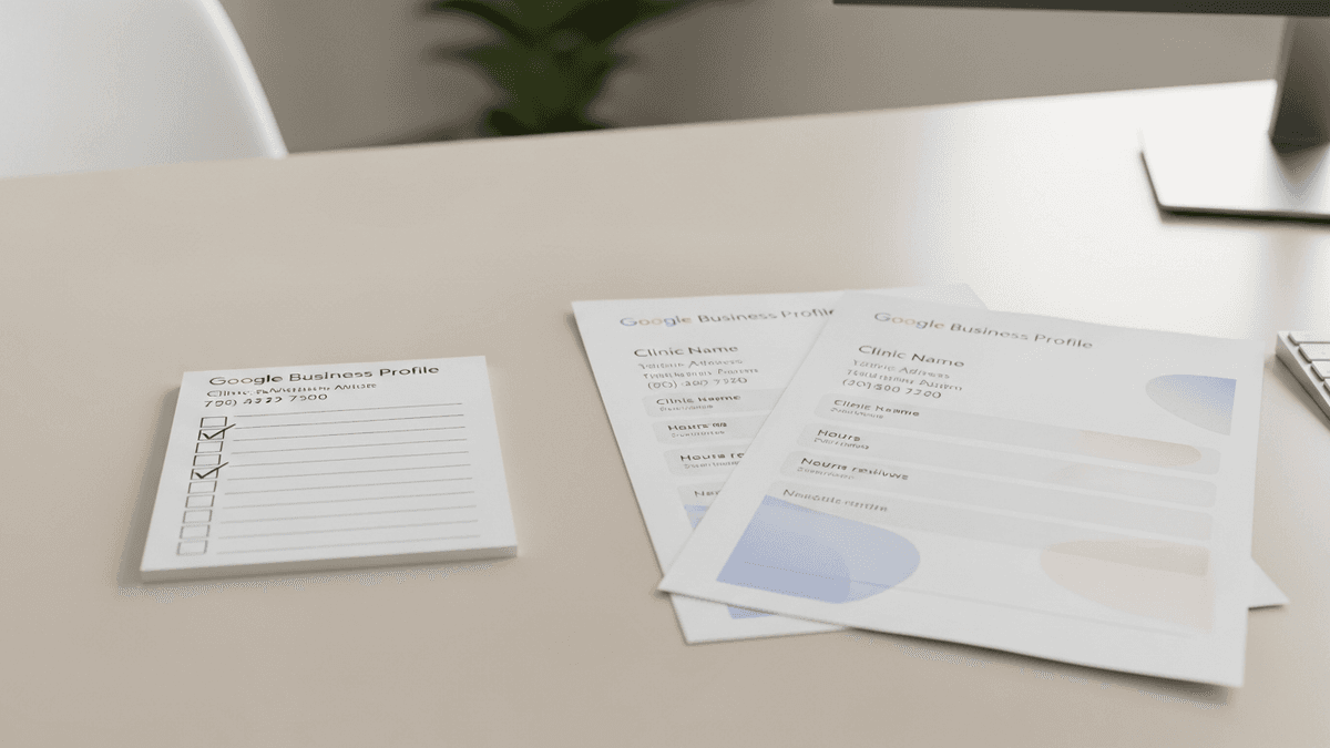 Duplicate Google Business Profile printouts beside clinic name address phone checklist on a physician desk