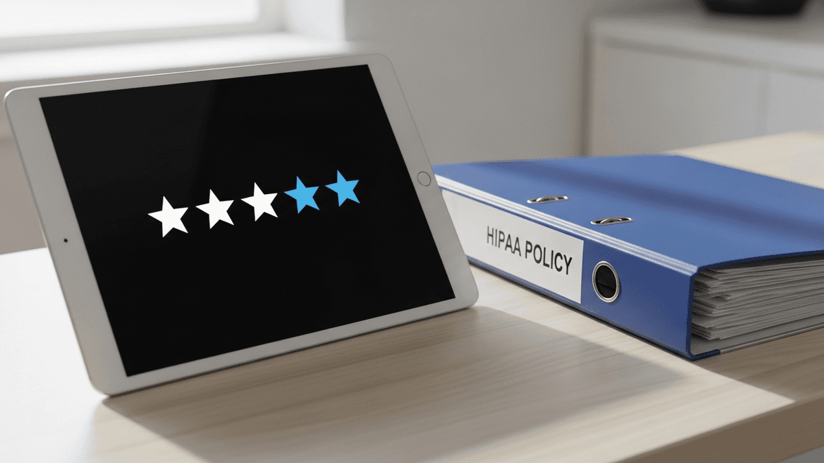 Star rating notification on tablet beside HIPAA policy binder at a clinic reception desk