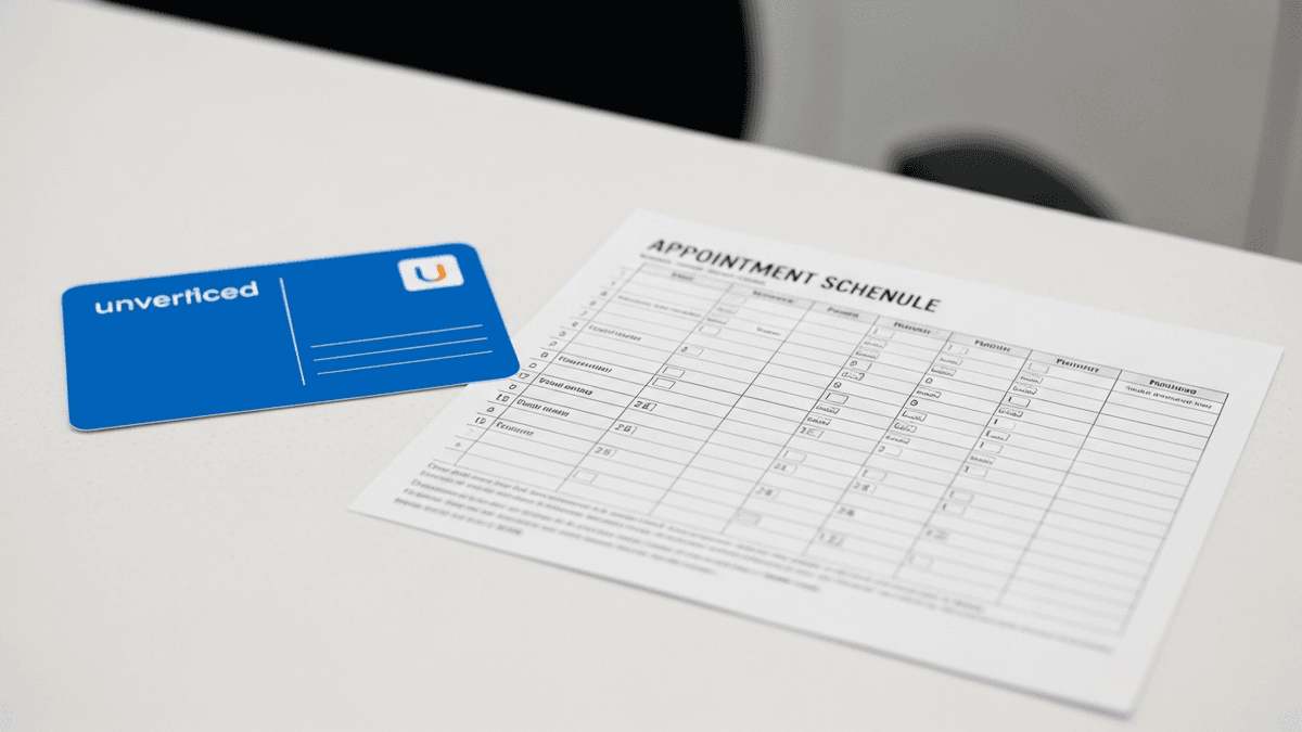 Unverified Google postcard beside full appointment schedule printout on a physician clinic front desk