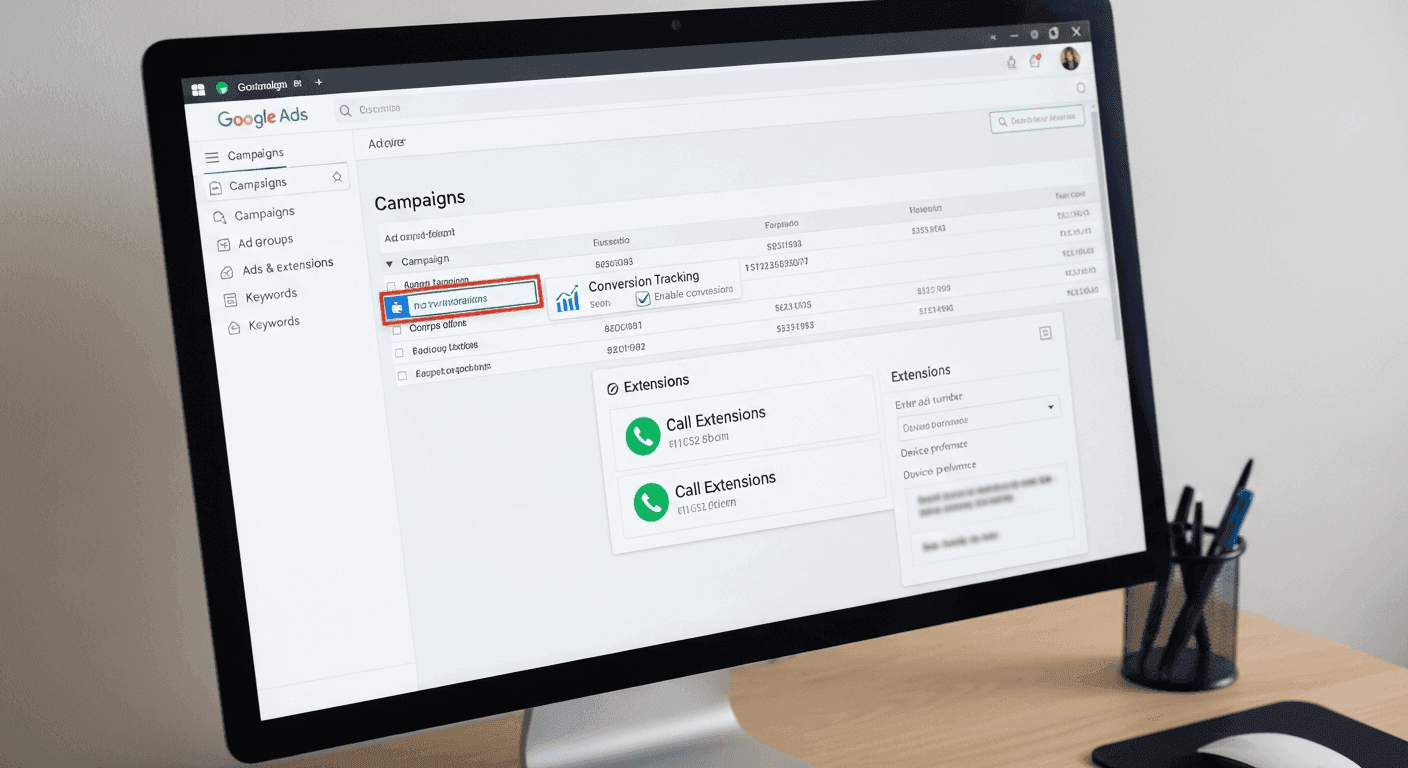 Solo provider clinic Google Ads account structure with conversion tracking and call extensions