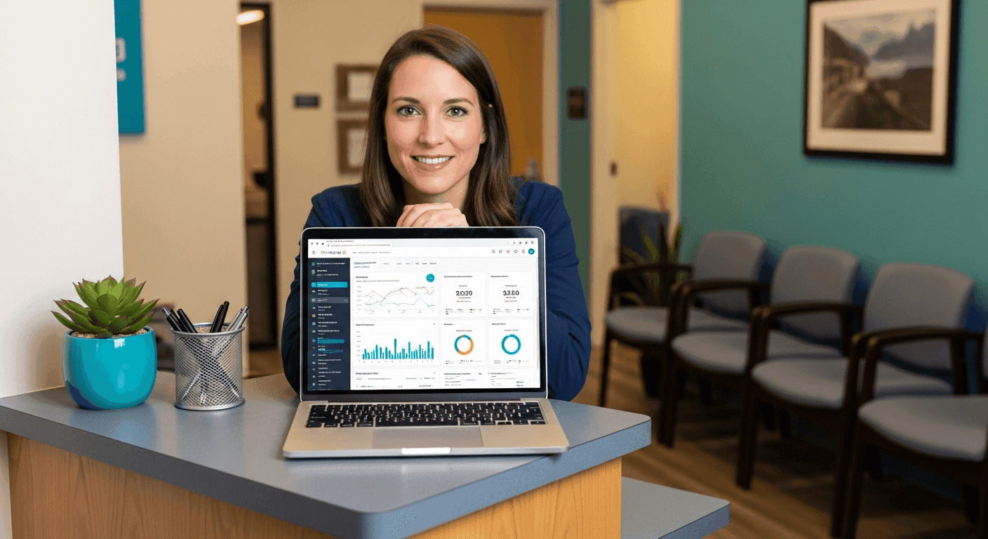 Solo independent physician reviewing healthcare PPC campaign dashboard with office manager at small clinic