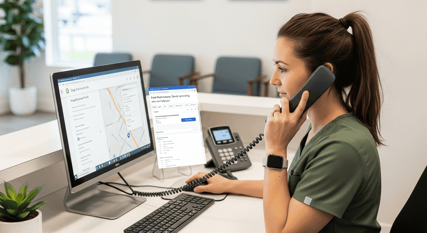 Solo clinic front desk verifying Google Business Profile and phone intake before launching healthcare PPC ads