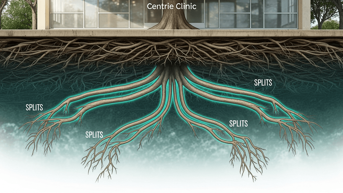 Graphic suggesting tangled duplicate online listings splitting clinic authority