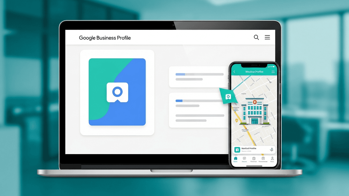 Laptop showing business profile fields and map preview for a medical practice