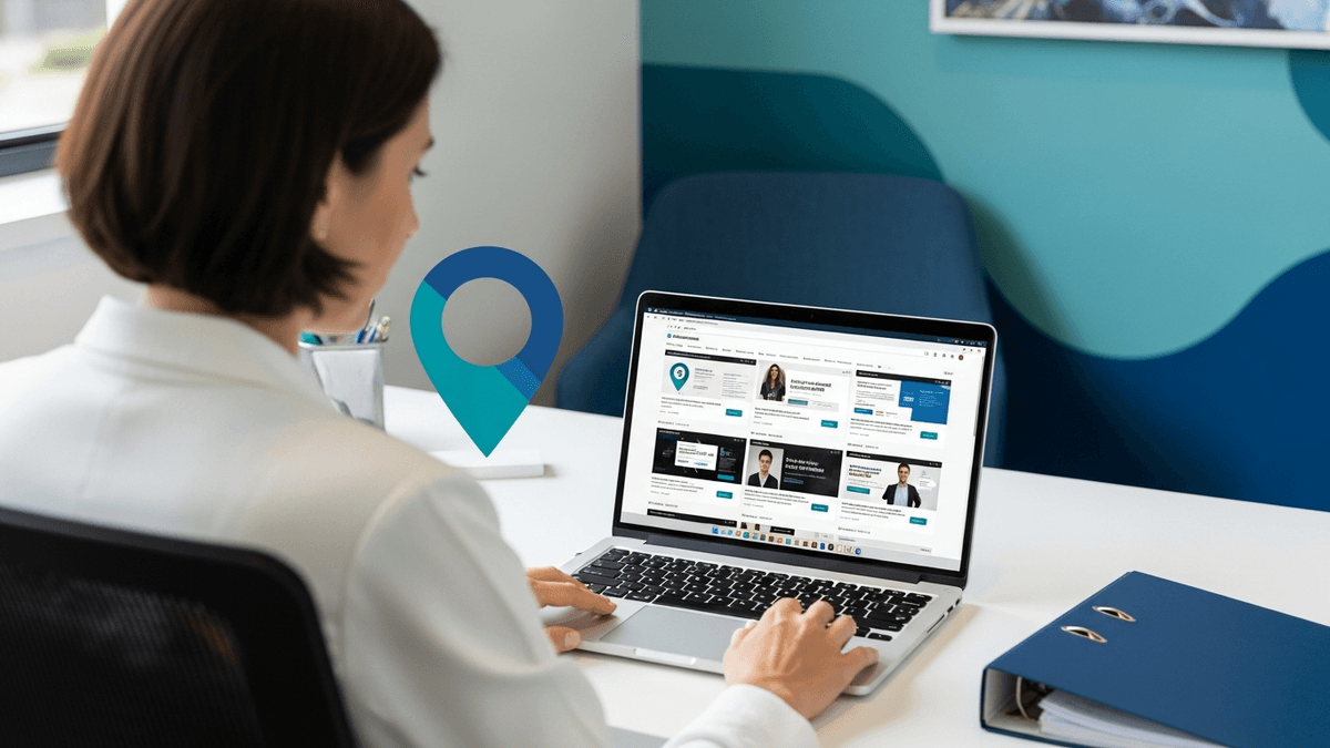 Practice manager comparing online doctor directory listings with a Google Maps clinic pin on a laptop