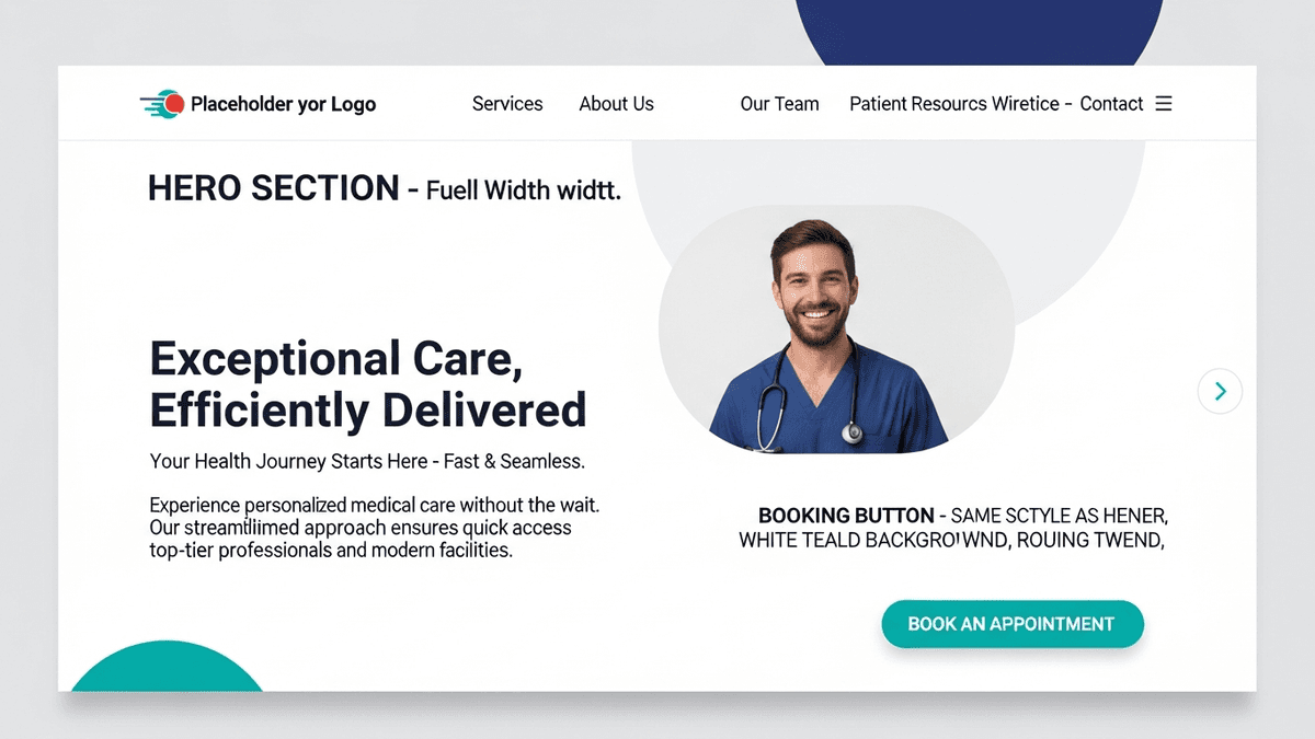 Website wireframe motif emphasizing fast load and booking button for medical practices