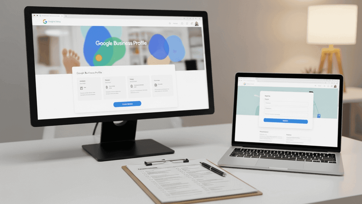 Checklist beside Google Business Profile screen and website form on a podiatry clinic desk