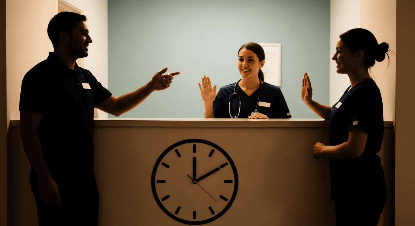 Clinic checkout moment when staff can ask for a patient review