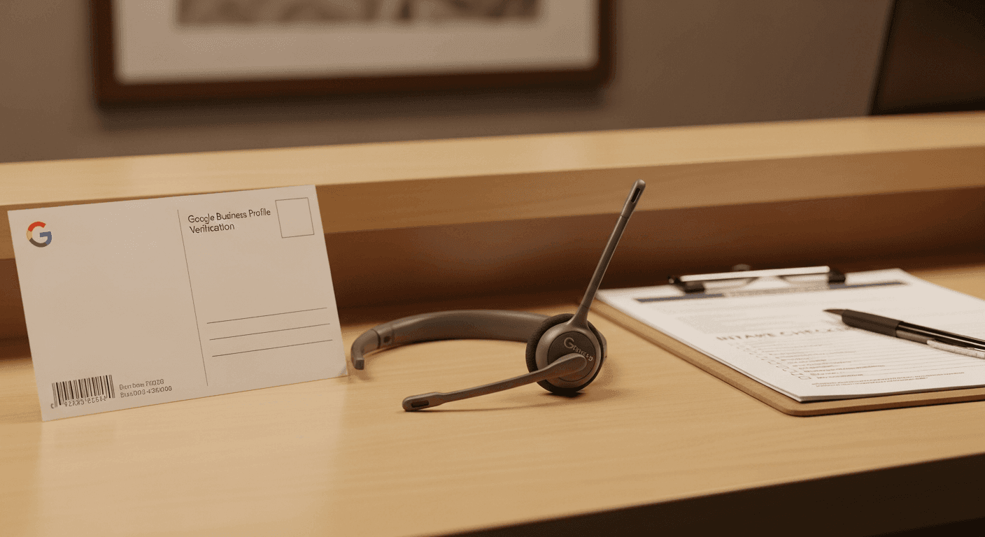 Google verification postcard beside podiatry clinic phone headset and intake checklist on front desk