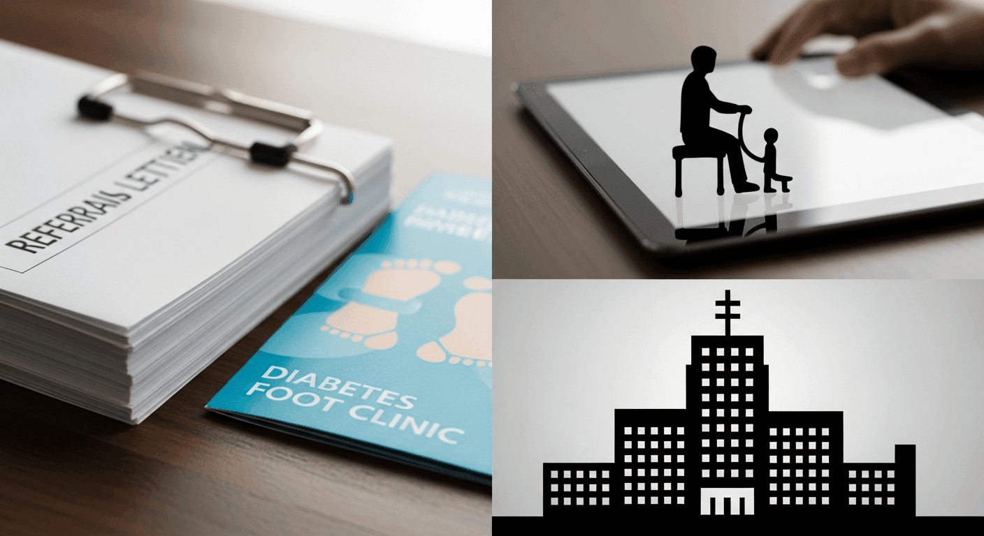 Referral letters and diabetes care brochure beside hospital and foot clinic comparison on tablet