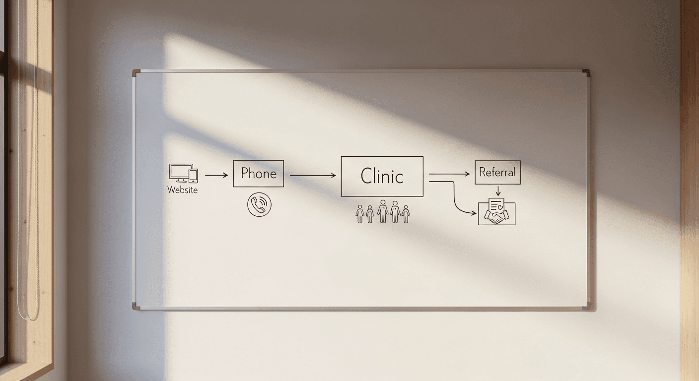 Whiteboard patient flow diagram on podiatry clinic wall showing map website and referral paths