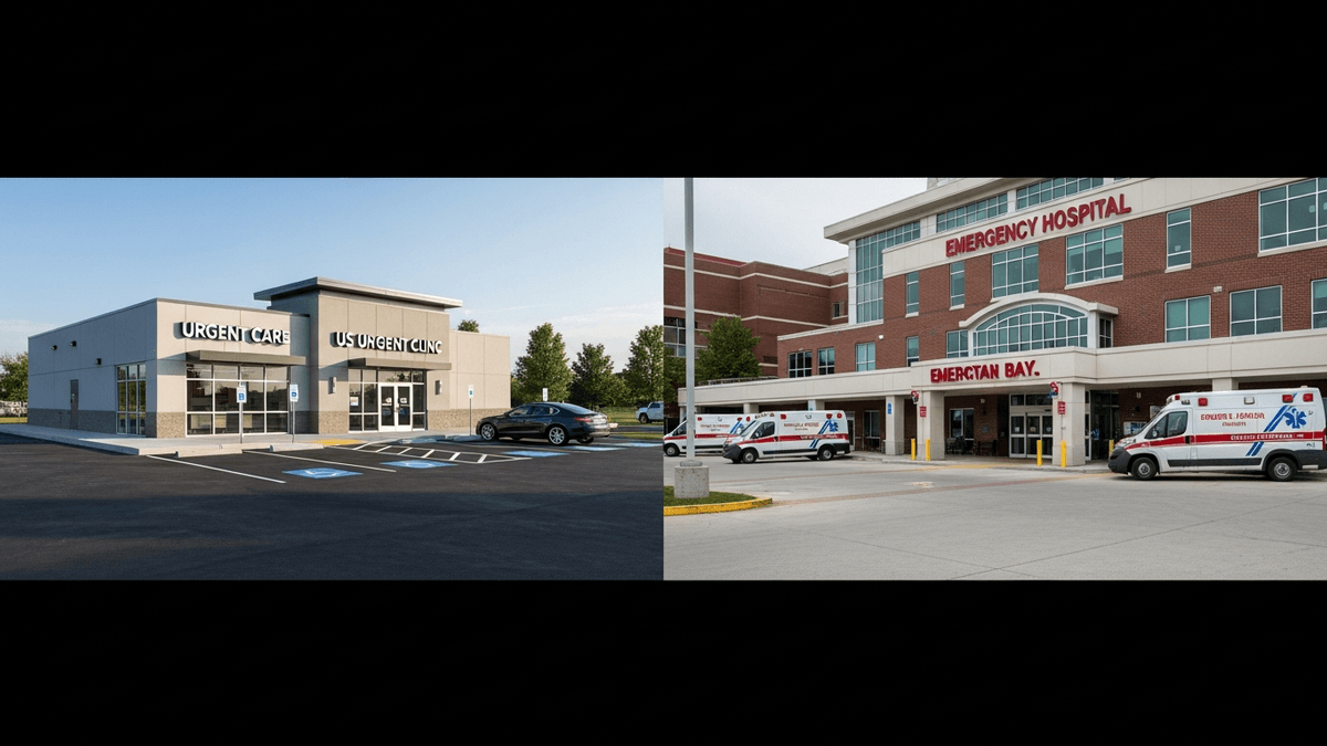 Small urgent care clinic contrasted with large hospital emergency entrance