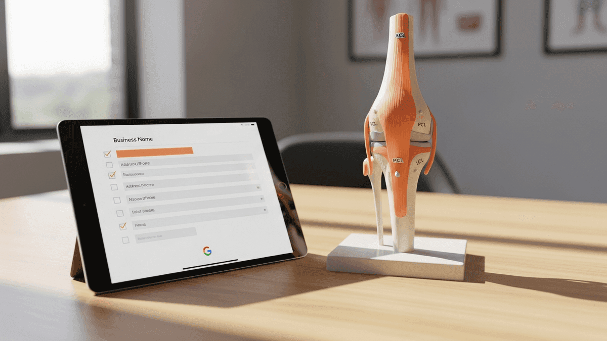 Tablet showing business profile fields beside knee anatomy model on clinic desk