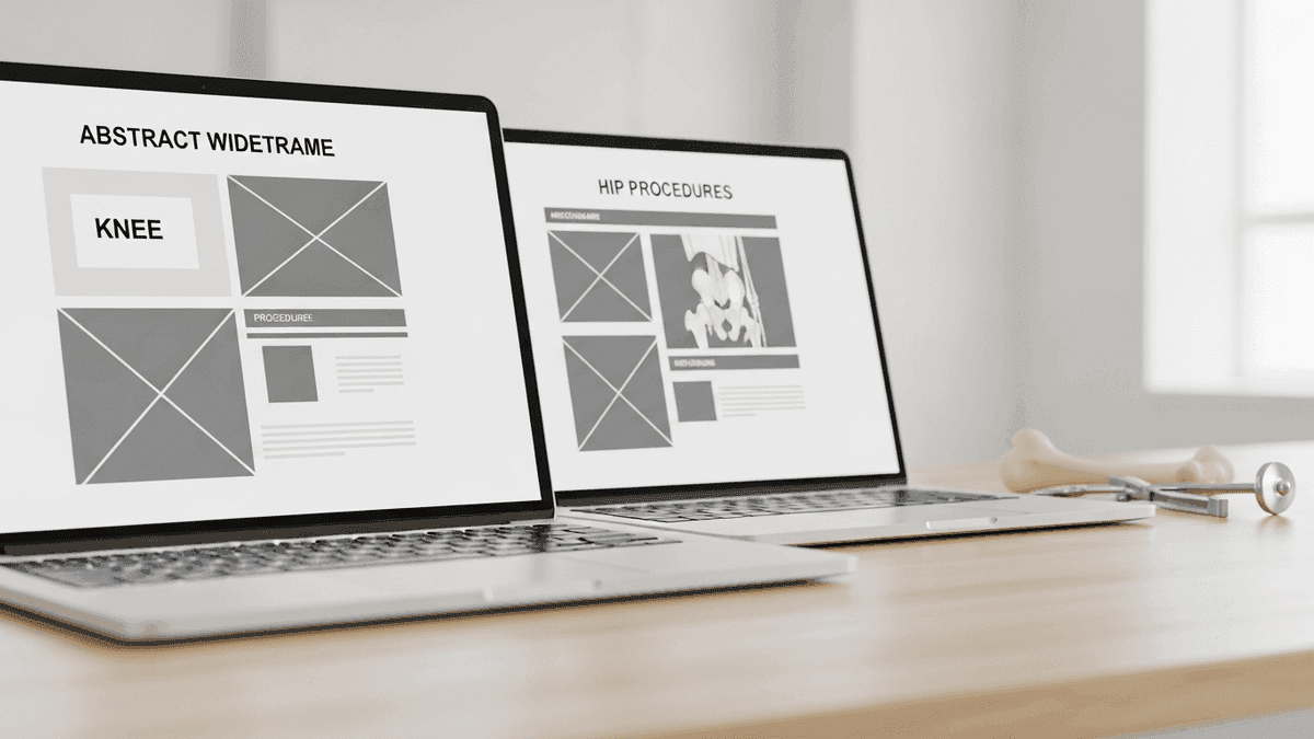 Separate landing page wireframes for total knee and total hip beside orthopedic desk