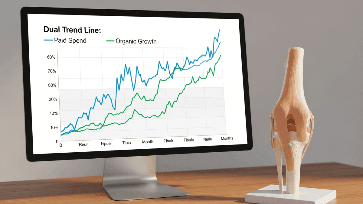 Two trend lines comparing paid click spend and owned map visibility over time