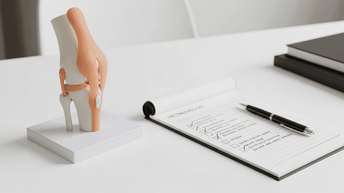 FAQ checklist beside total knee model on orthopedic clinic desk
