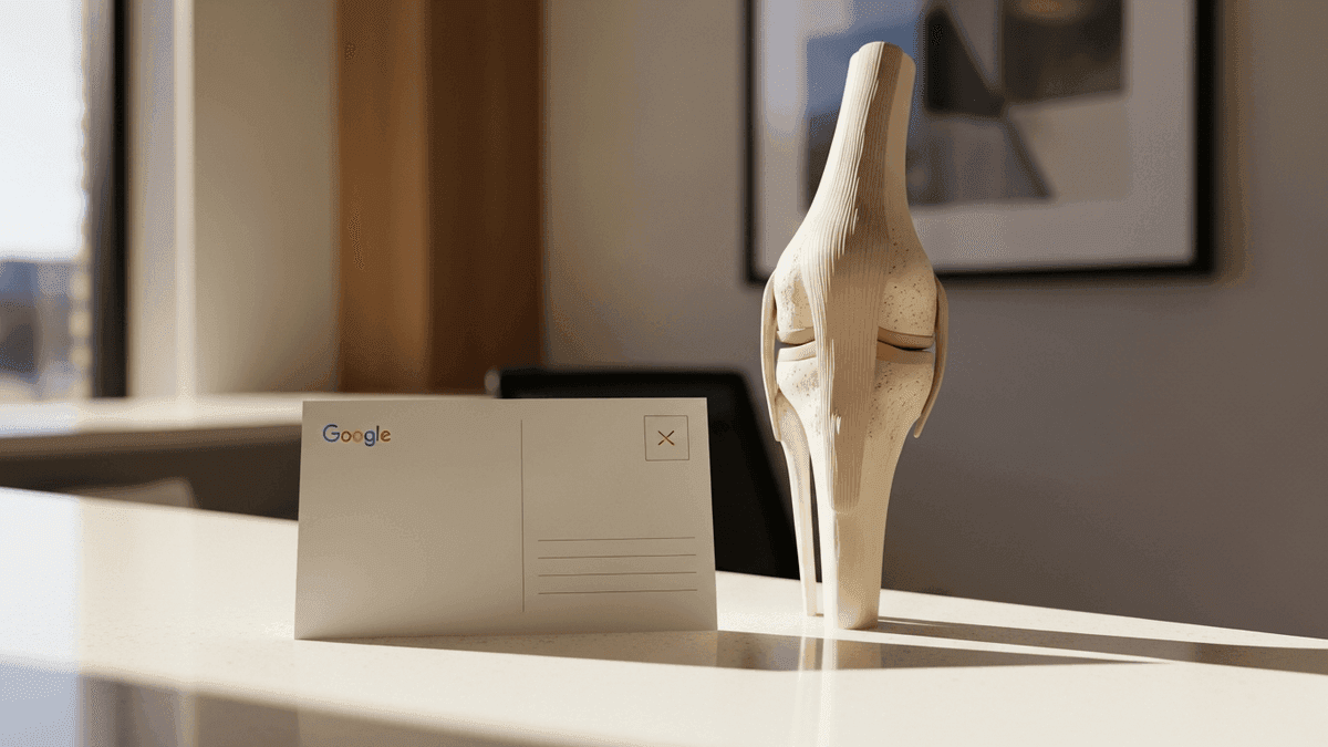 Google verification postcard on orthopedic clinic front desk beside knee model