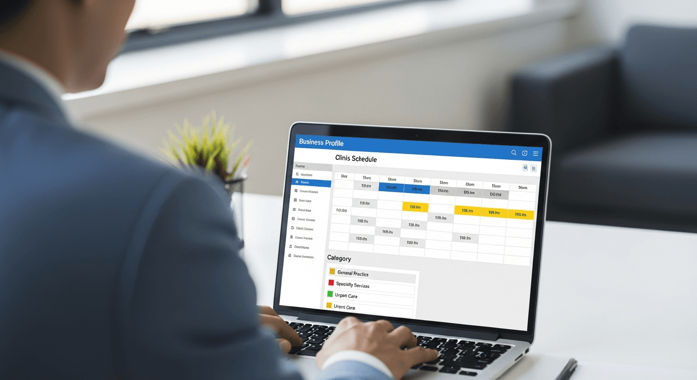 Laptop with generic business profile panel for OB/GYN categories and hours local SEO