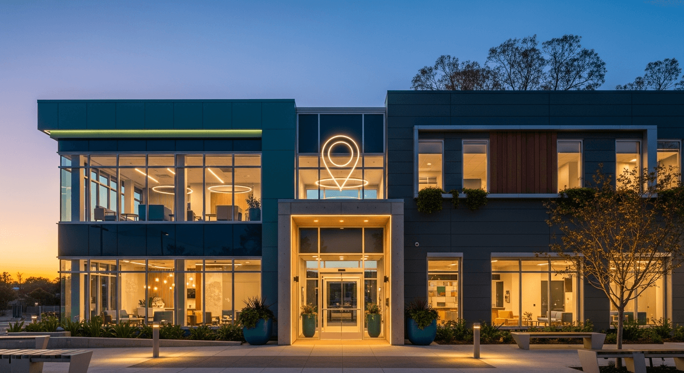 Women's health clinic exterior at dusk with subtle map overlay for local SEO and gynecology visibility
