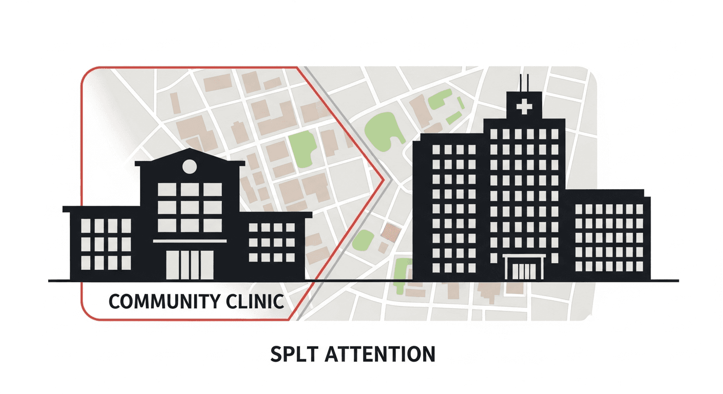 Contrasting clinic and hospital silhouettes in a shared map frame for local competition context