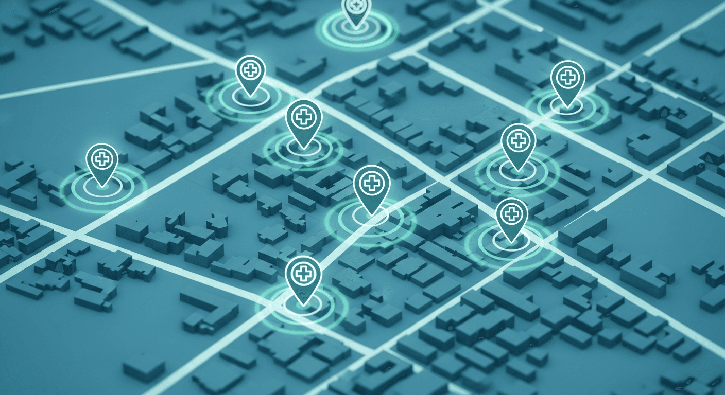 Abstract map with clinic pins illustrating local search and gynecology map pack visibility