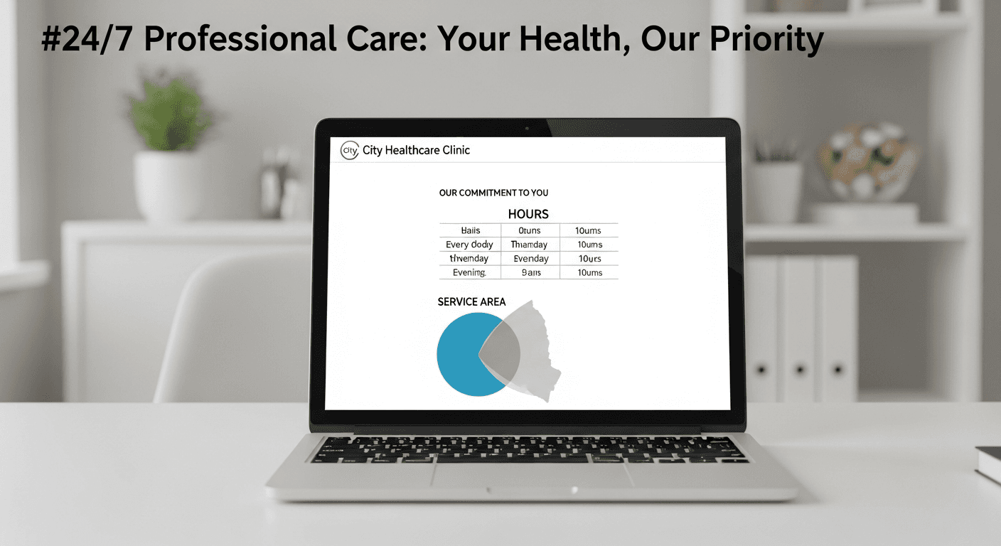 Laptop showing business profile hours and service area for urgent care local SEO