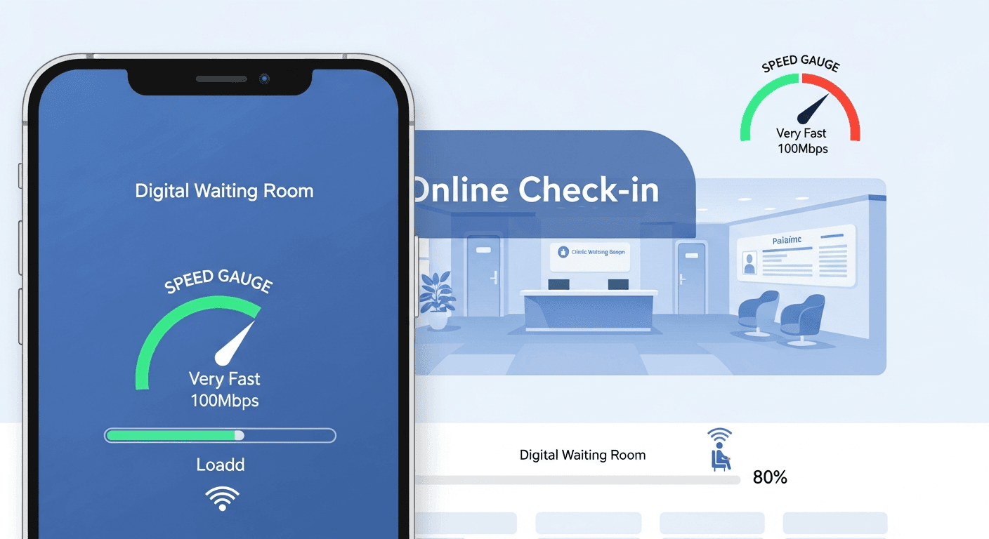 Mobile phone and speed motif for urgent care website performance and local SEO