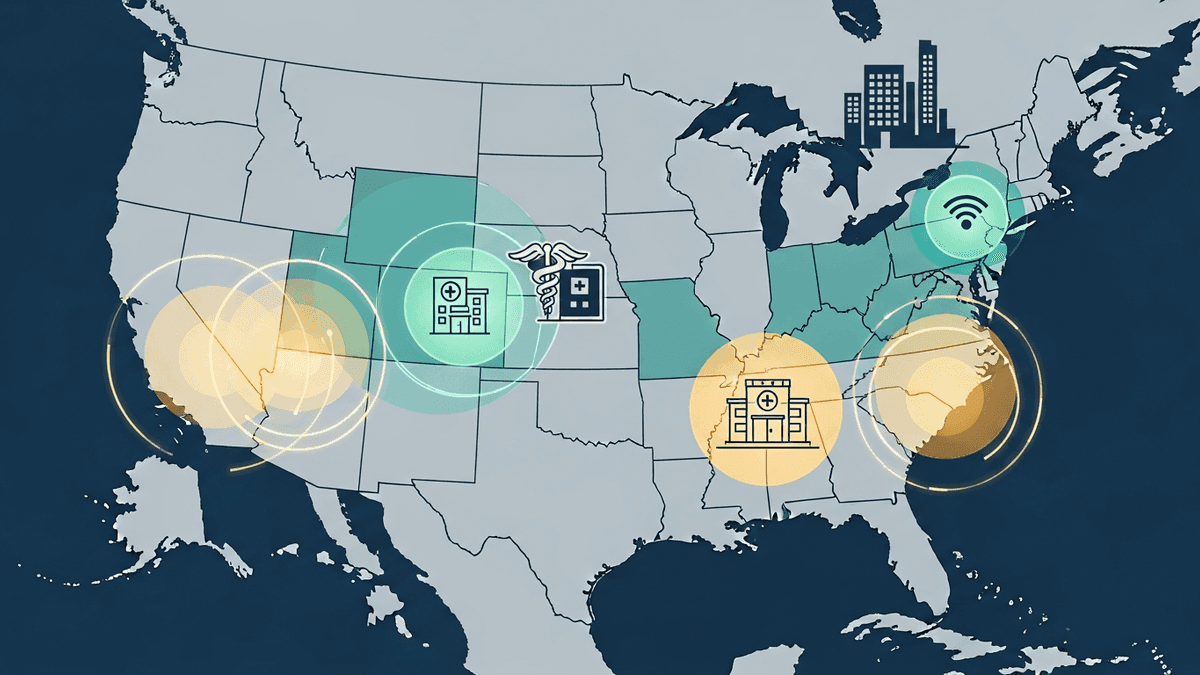 US map highlighting major OB/GYN markets where solo clinics compete with hospital systems