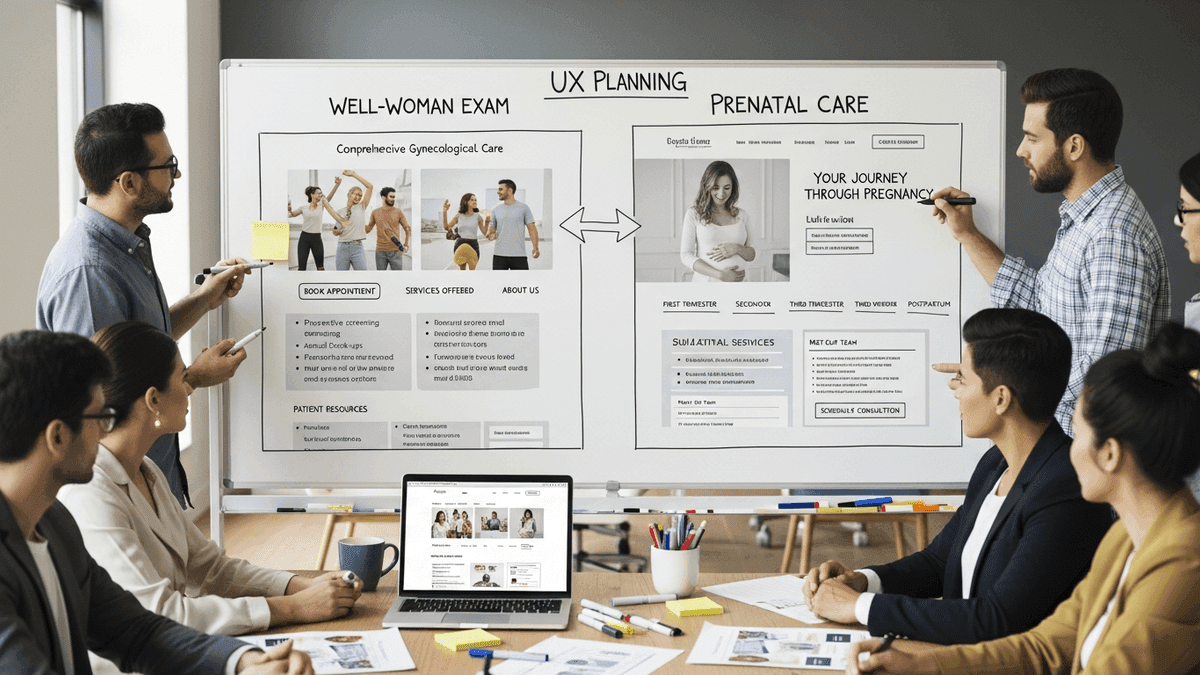 Service-line landing pages for well-woman exams and prenatal care at an independent OB/GYN clinic