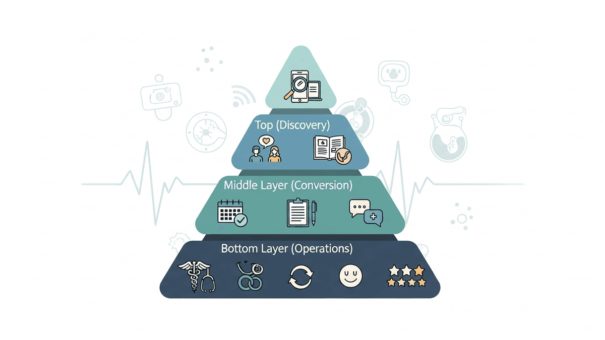 Diagram of discovery conversion and operations layers for small OB/GYN practice patient acquisition