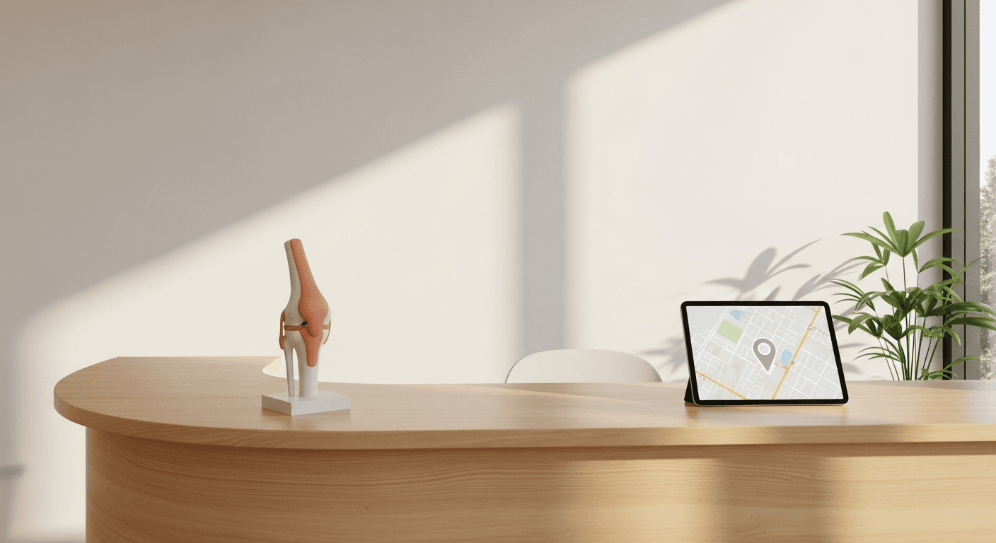 Orthopedic clinic desk with knee model and map pin on tablet