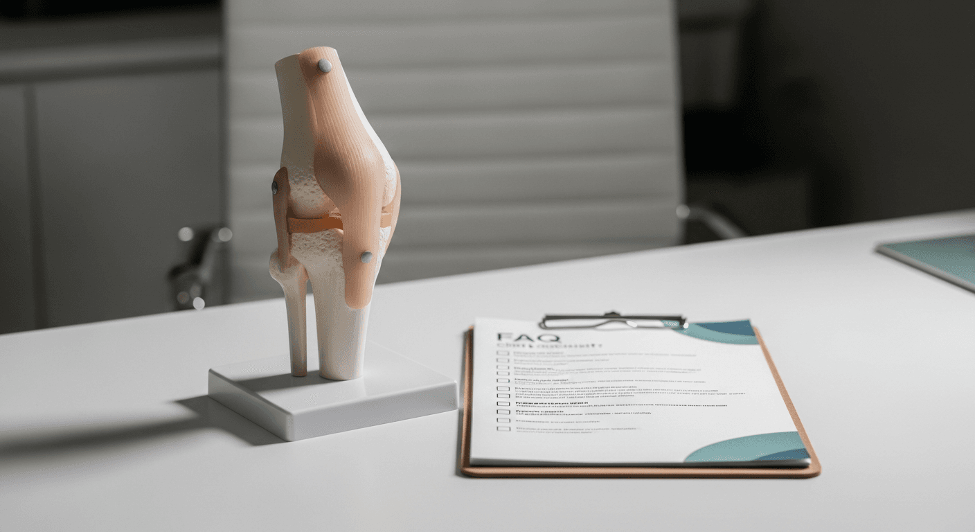 FAQ checklist beside orthopedic knee model on clinic desk