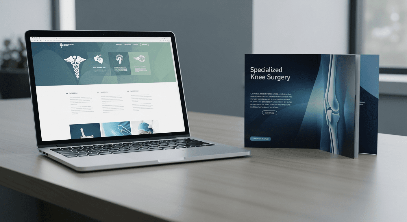 Generic website template beside specialized knee surgery materials on orthopedic desk