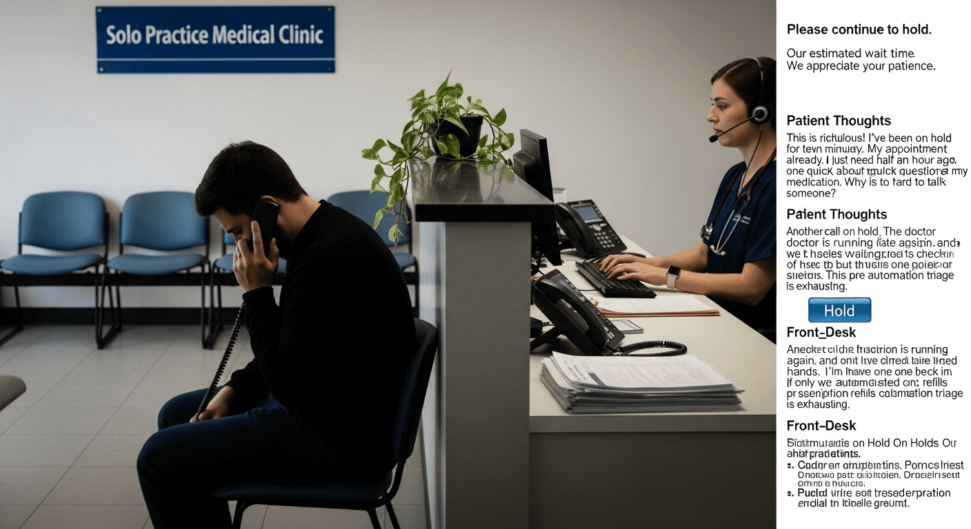 Medical clinic phone on hold at front desk illustrating intake triage before automated SMS reminders