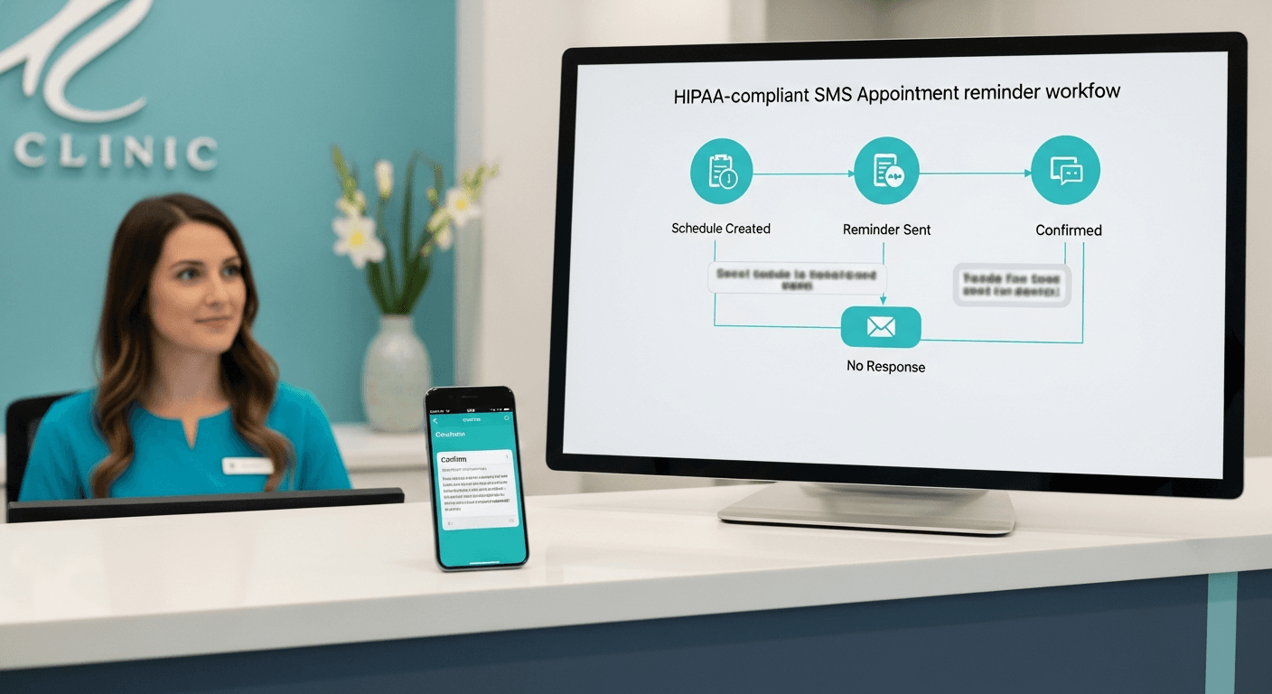 Solo medical clinic front desk using HIPAA-compliant automated SMS appointment reminders on monitor and smartphone