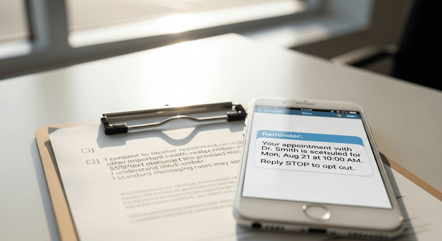 Patient consent form and smartphone showing HIPAA-safe appointment reminder SMS with STOP opt-out language