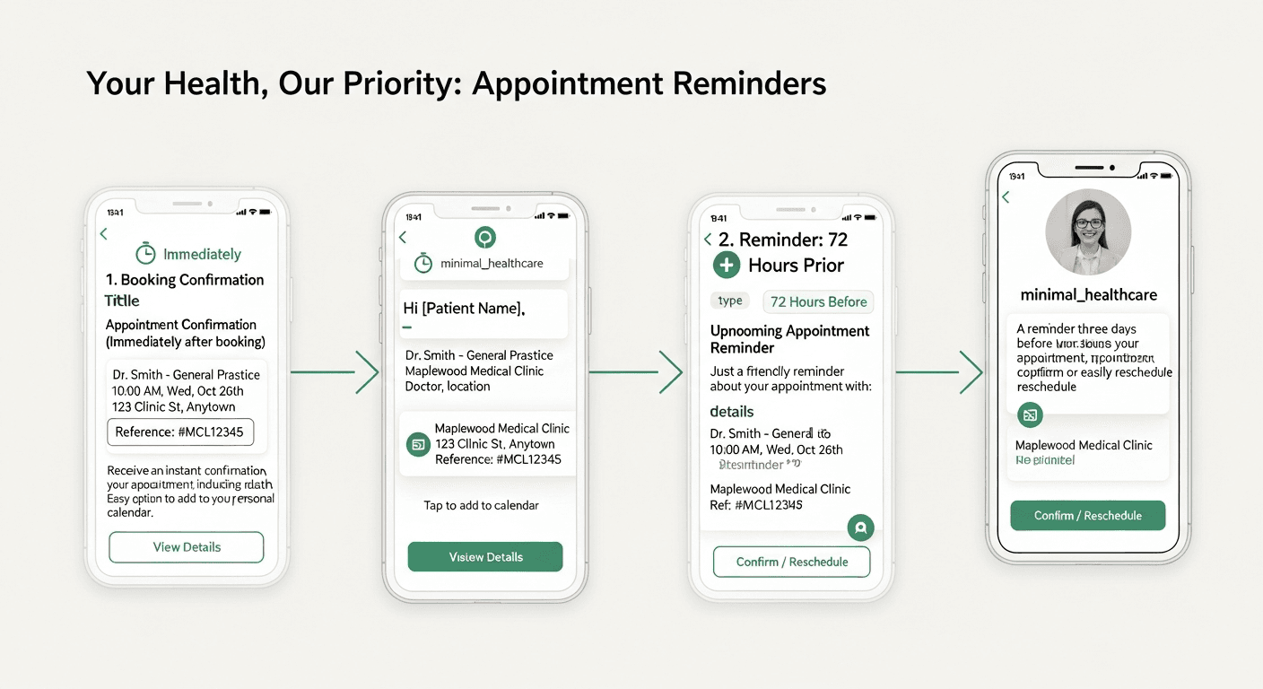 Three-touch appointment reminder timeline on phones for medical clinic SMS cadence