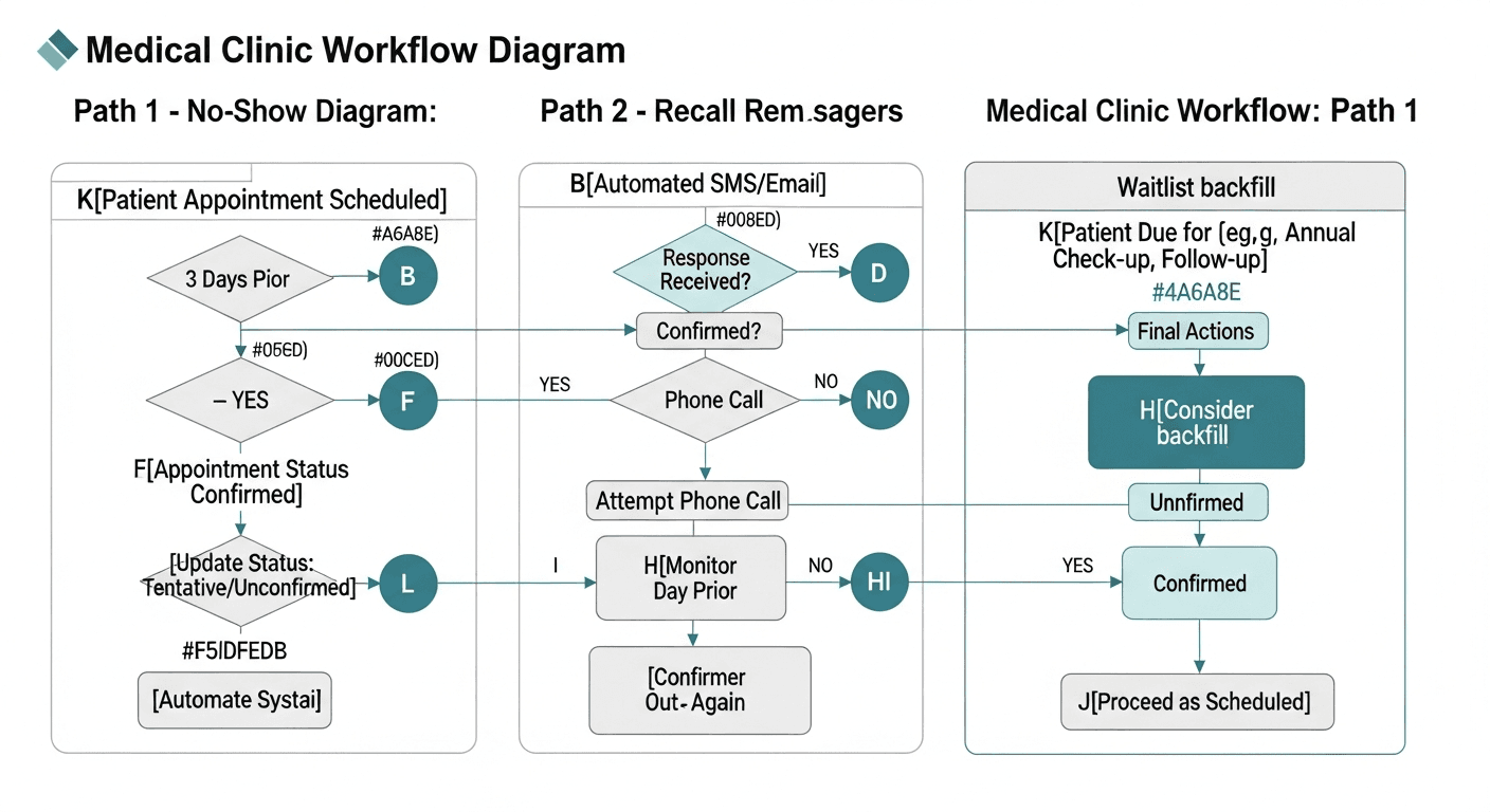Separate workflow paths for no-show SMS reminders patient recall and waitlist backfill in medical clinic