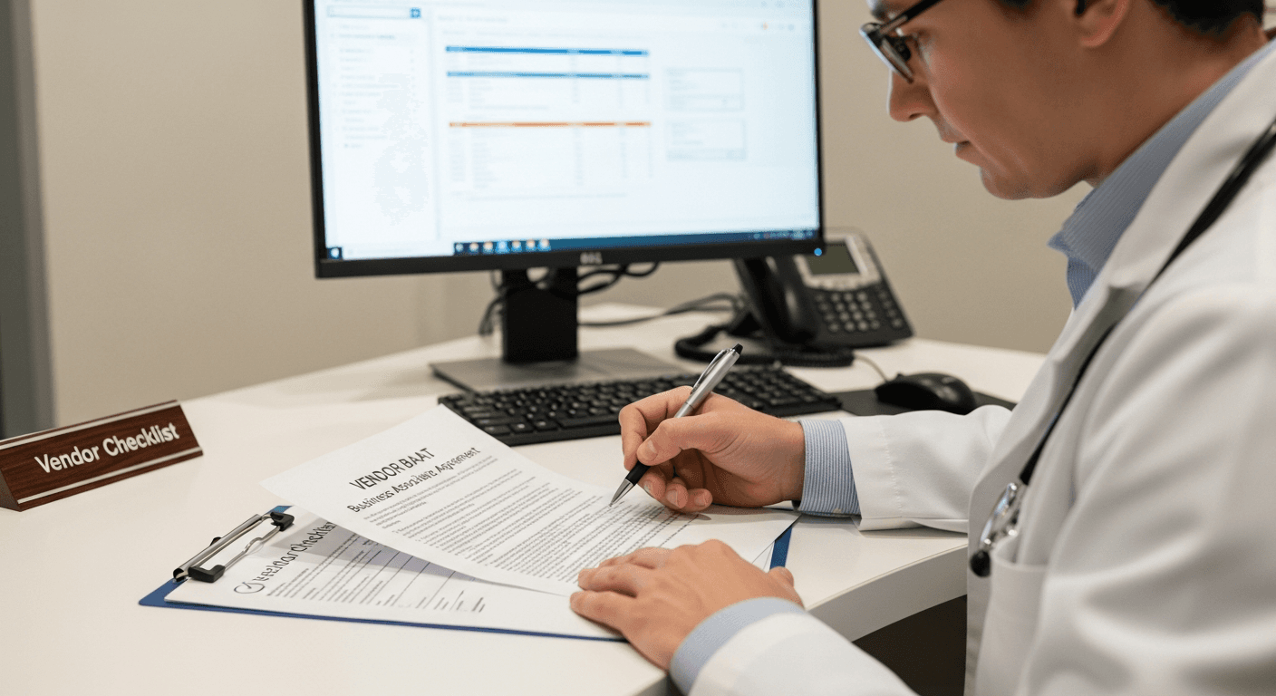 Physician reviewing EHR vendor checklist and Business Associate Agreement for appointment reminder SMS software