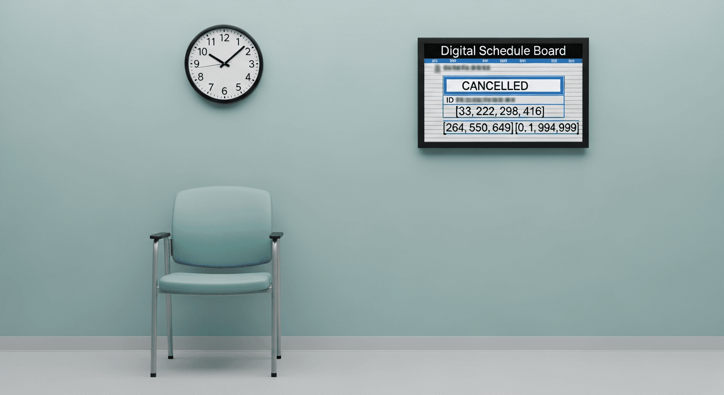 Empty exam room chair and cancelled appointment slot on clinic schedule showing revenue impact of patient no-shows