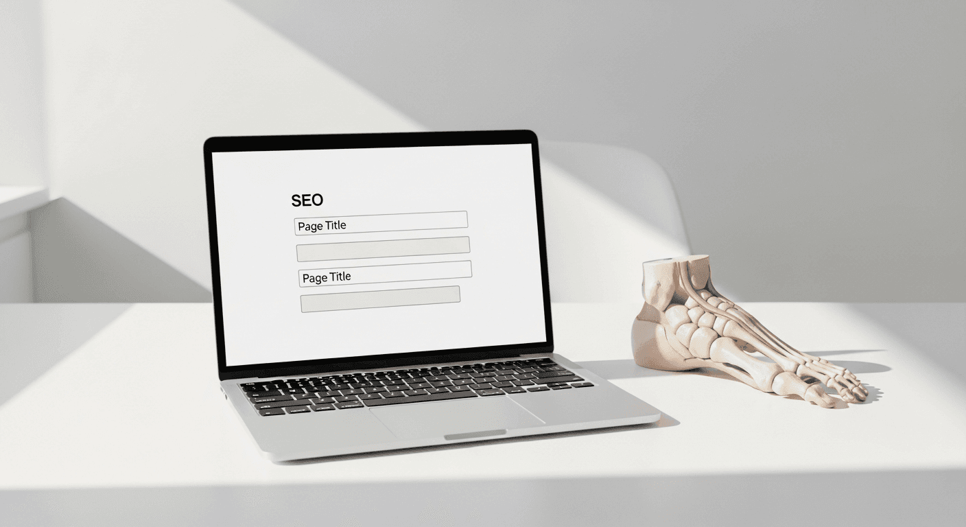 Page title and meta fields on a laptop in a podiatry office