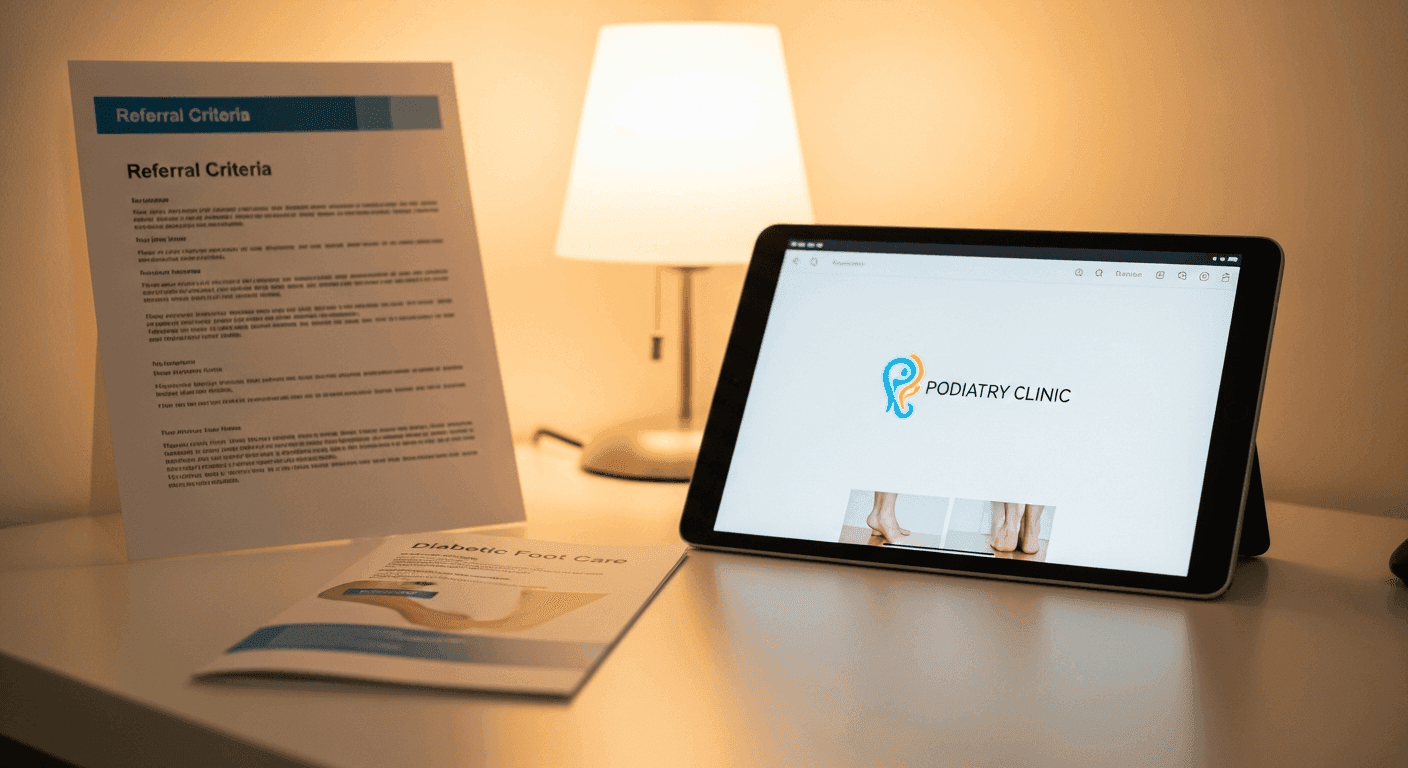 Referral criteria document beside diabetic foot care materials on a podiatry clinic desk