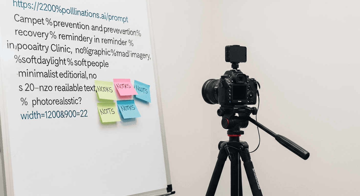 Camera on tripod beside prevention and recovery reminder notes on a podiatry clinic whiteboard