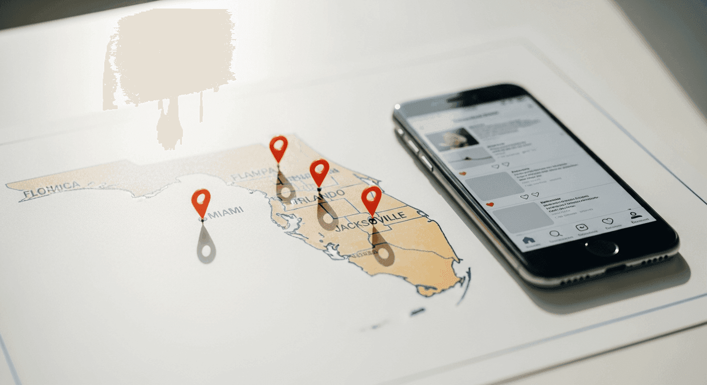 Florida map with podiatry clinic pins in Miami Tampa Orlando and Jacksonville beside a phone showing a social feed layout