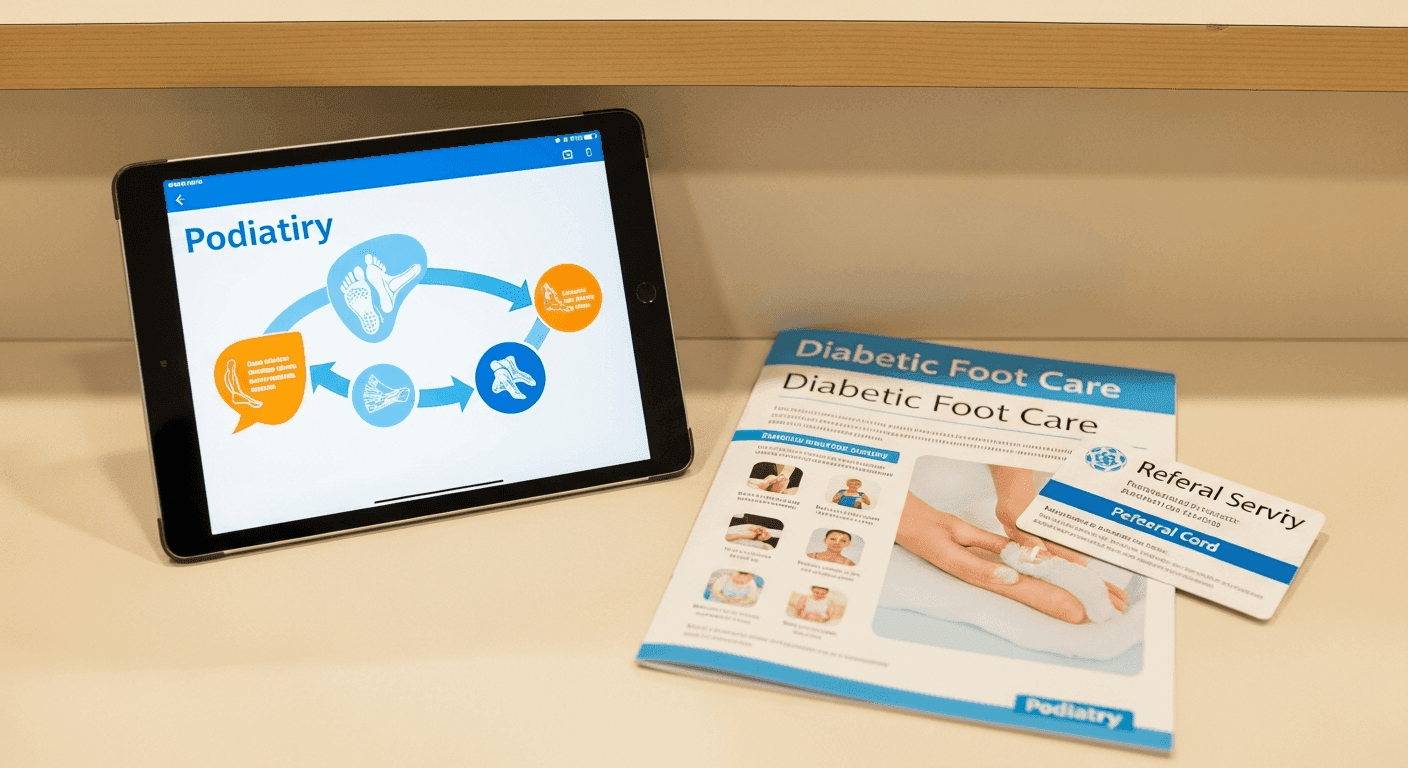 Educational infographic layout beside diabetic foot care pamphlet on a podiatry clinic desk