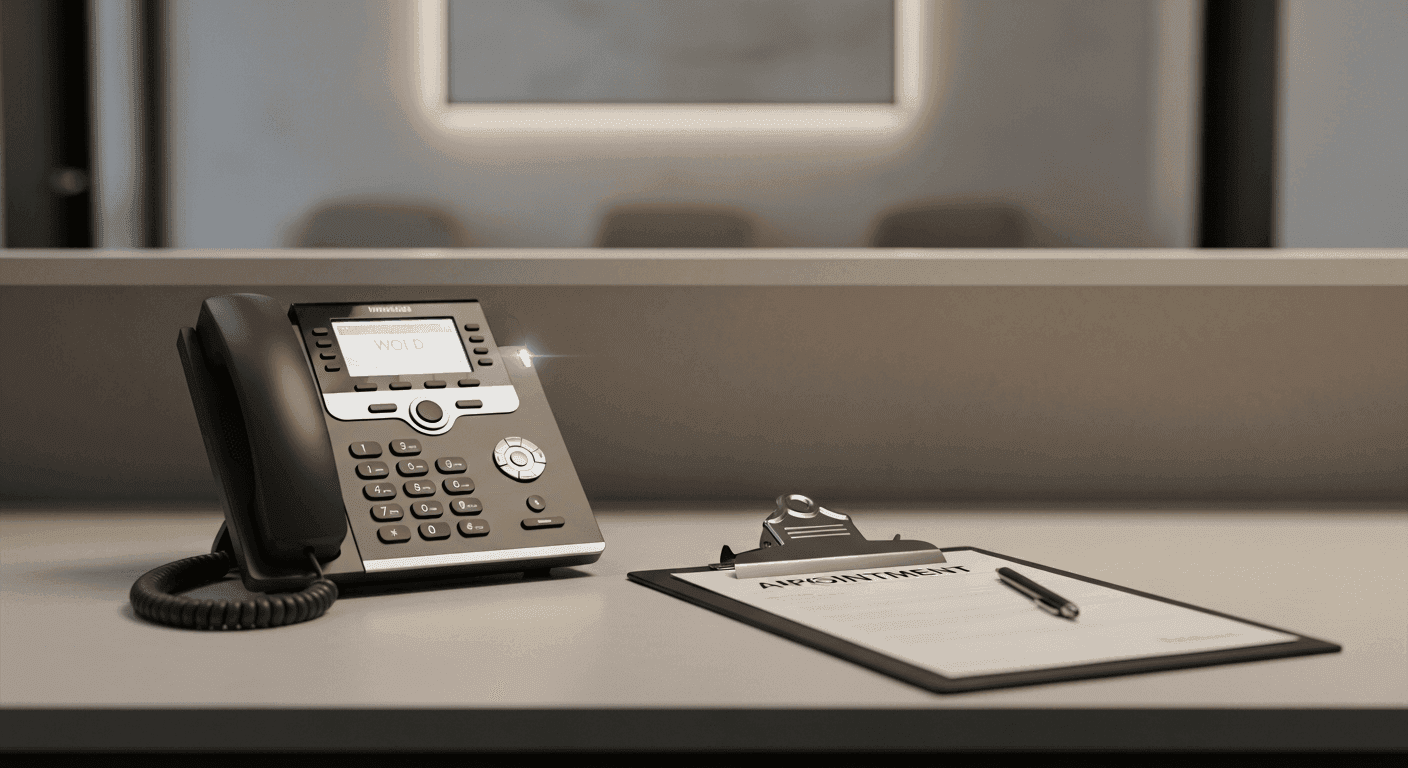 Medical clinic front desk phone with blinking hold light beside appointment clipboard on a desk